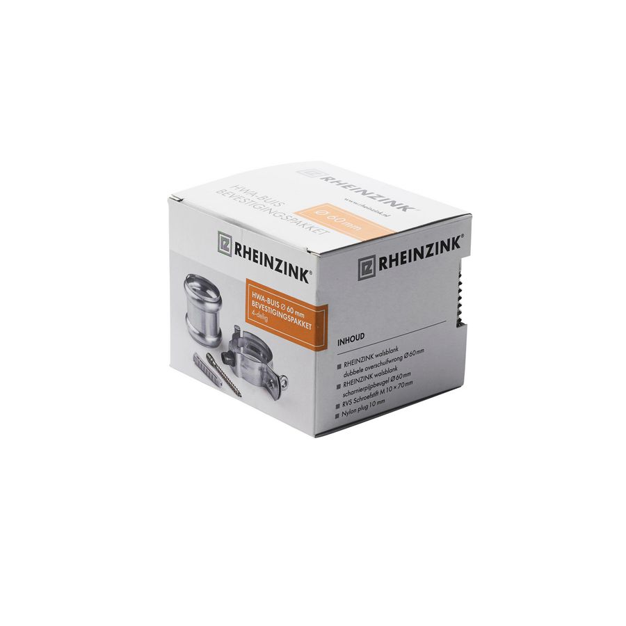 Zinken HWA-buis bevestigingspakket 60mm (dubb. overschuifwrong, beugel, RVS schroefstift en muurplug)