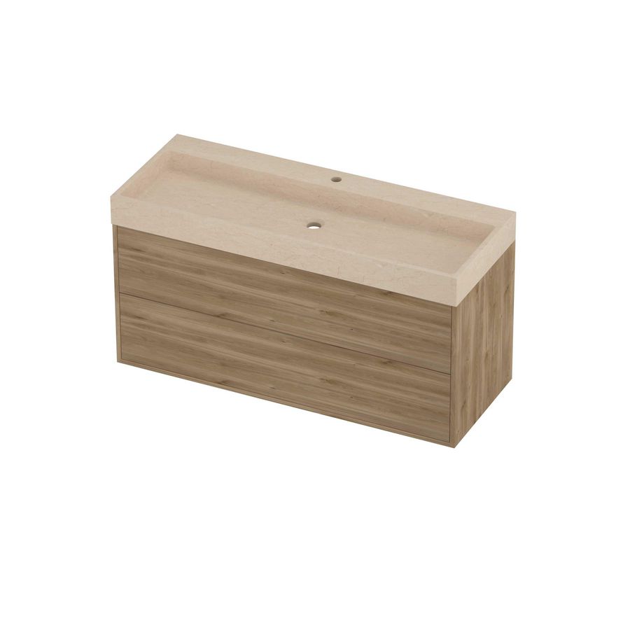 Evoli Set hardsteen Loft wastafel centraal met 1 kraangat en onderkast tbv grepen 2 laden symmetrisch in kader 1200x460x620mm Sand stone/Cider oak