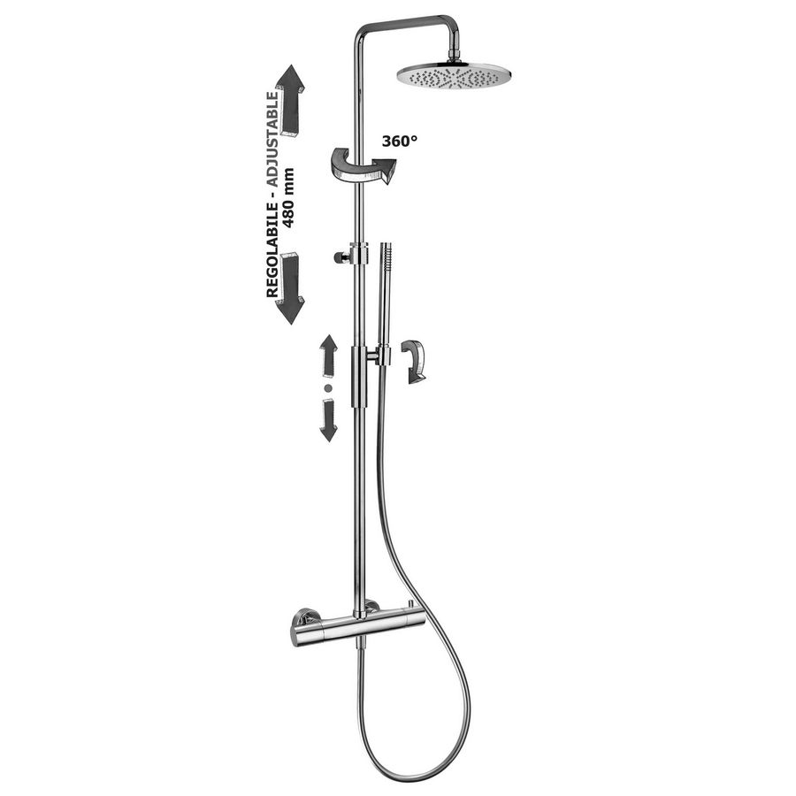 Showerpipe therm. hoofddouche 225mm+staafdouche RVS-look