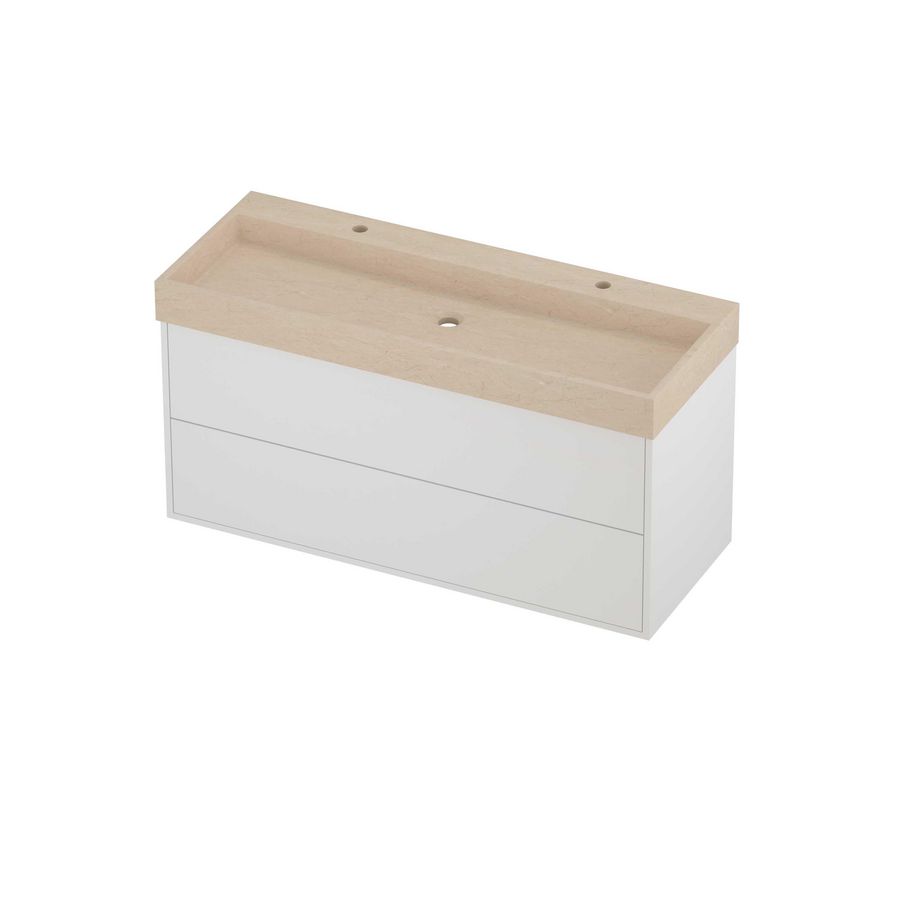 Evoli Set hardsteen Loft wastafel centraal met 2 kraangaten en onderkast tbv grepen 2 laden symmetrisch in kader 1200x460x620mm Sand stone/matt white