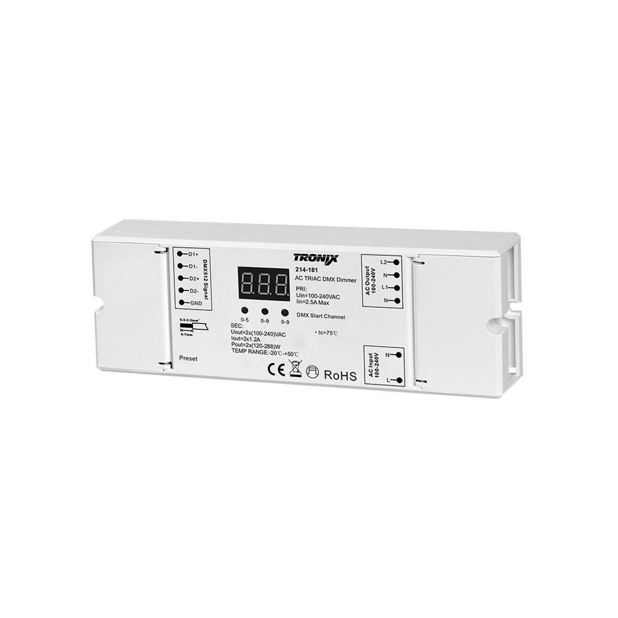 Dimming module DMX 2 kanalen 100-240V Fase afsnij