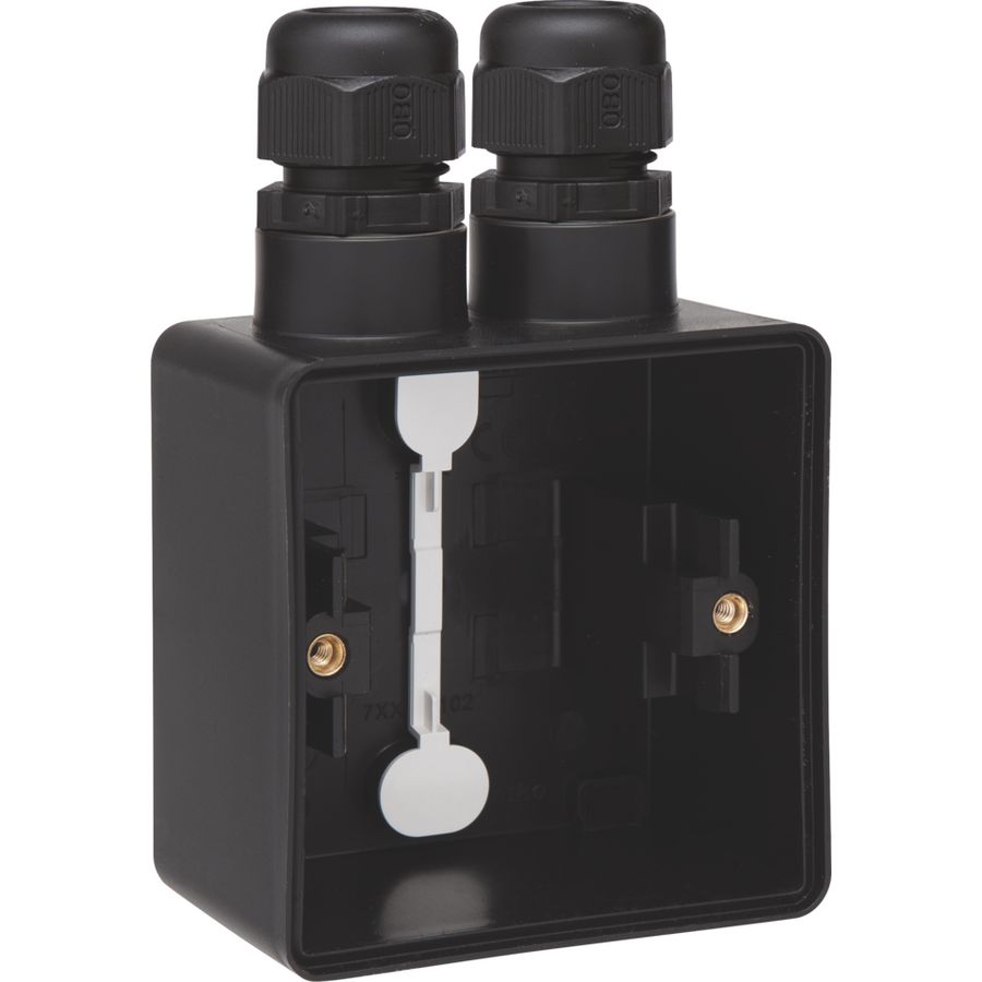 Spuitwaterdichte opbouwdoos zwart met 1x 2-voudige M20-ingang met wartel