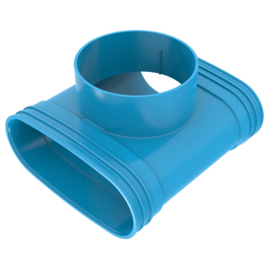 T-stuk verlopend lijm 90° PVC luchtverdeelsysteem VENTIZA blauw (195x80mm)x Ø125mm x (195x80mm) H=70mm 3x mof