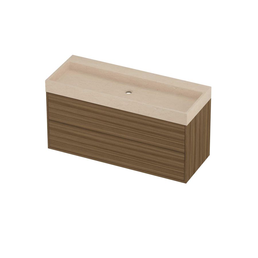 Evoli Set hardsteen Loft wastafel centraal zonder kraangat en onderkast tbv grepen 2 laden symmetrisch in kader 1200x460x620mm Sand stone/Caramel walnut
