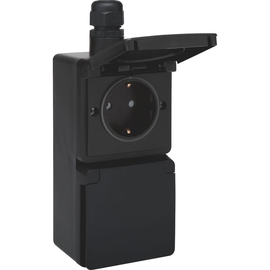 Spuitwaterdicht dubbel verticale stopcontact 1xM20 schroef zwart