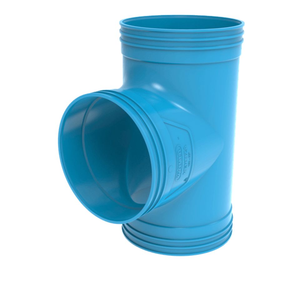T-stuk verlopend lijm 90° PVC luchtverdeelsysteem VENTIZA blauw Ø160mm 3x mof