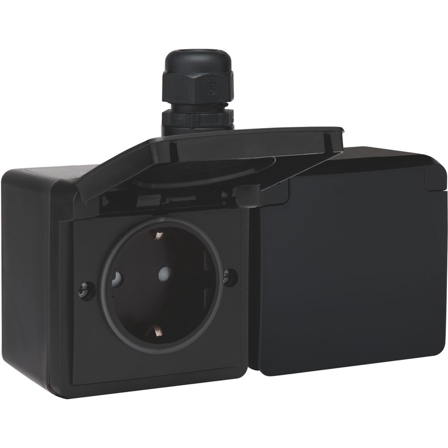 Spuitwaterdicht dubbel HOR stopcontact 1xM20 schroef zwart