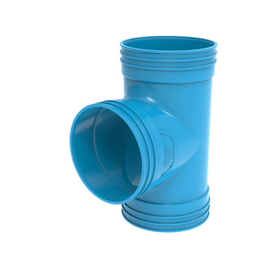 T-stuk verlopend lijm 90° PVC luchtverdeelsysteem VENTIZA blauw Ø125mm 3x mof