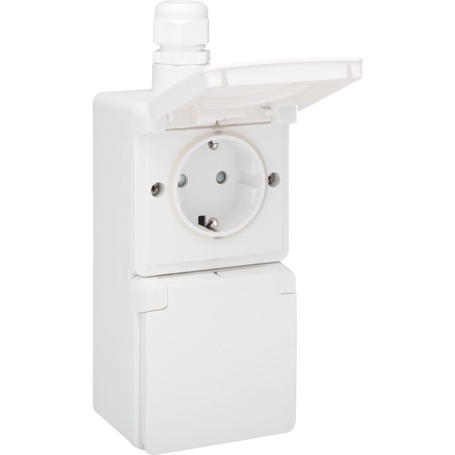 Spuitwaterdicht dubbel VERT stopcontact 1xM20 insteek wit