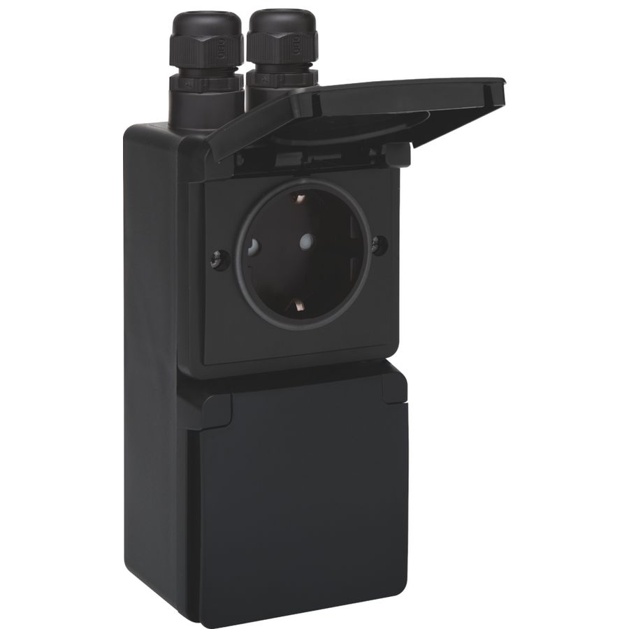 Spuitwaterdicht dubbel VERT stopcontact 2xM20 insteek zwart