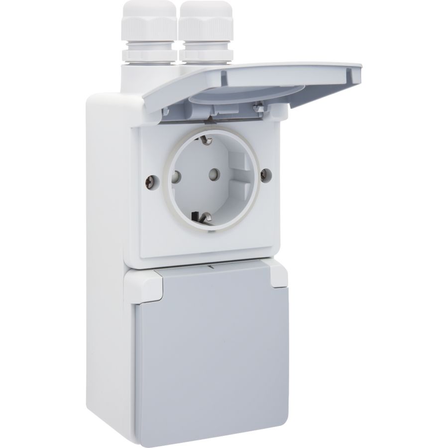 Spuitwaterdicht dubbel VERT stopcontact 2xM20 insteek grijs