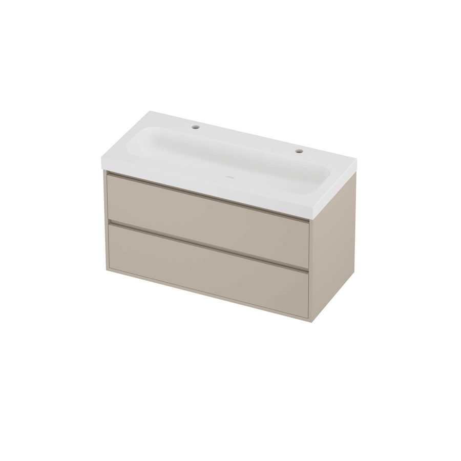Haga Set polystone Mezza wastafel met 2 kraangaten en onderkast greeploos 2 laden symmetrisch in kader 1000x460x580mm matt White/Soft linen