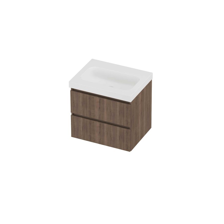 Haga Set polystone Mezza wastafel zonder kraangat en onderkast symmetrisch gefreesd 600x460x580mm matt White/Terra oak