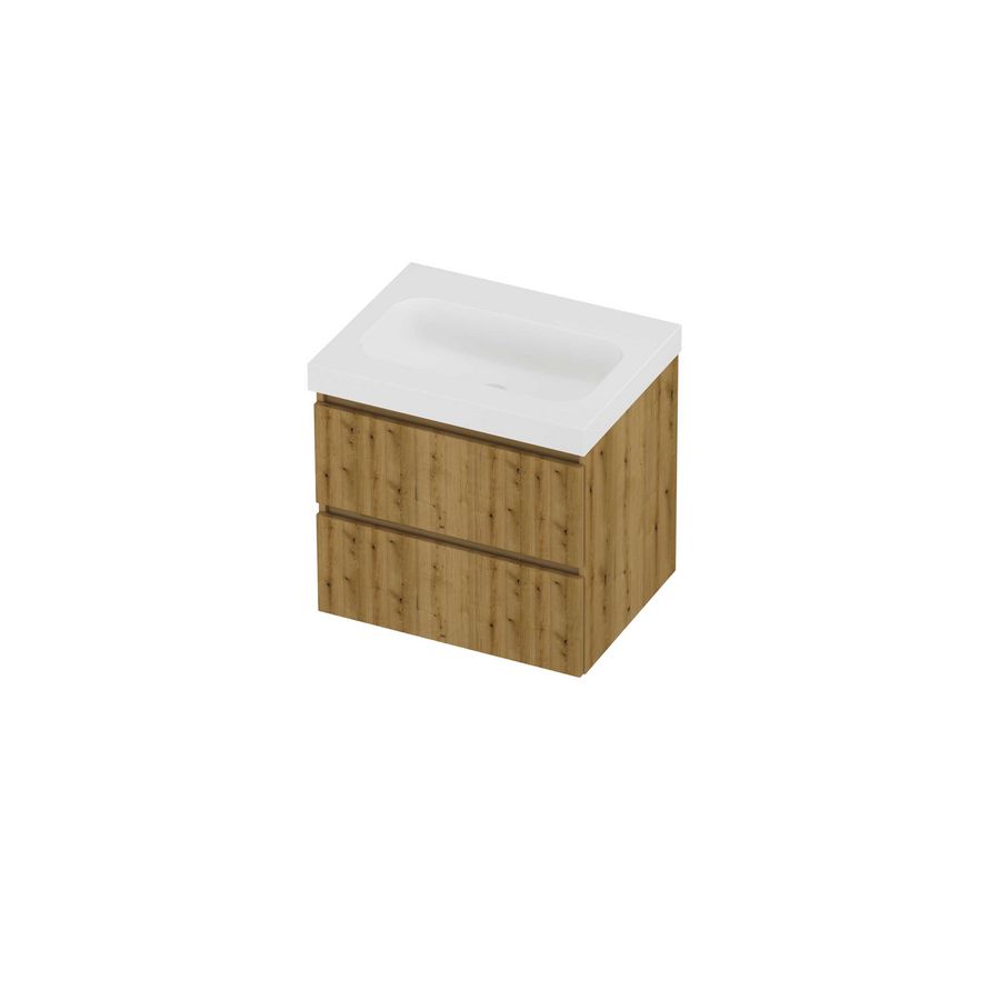 Haga Set polystone Mezza wastafel zonder kraangat en onderkast symmetrisch gefreesd 600x460x580mm matt White/Urban oak