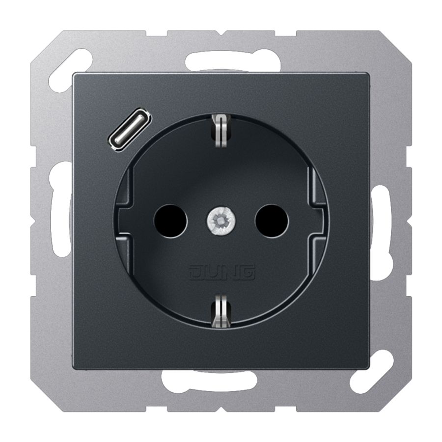 Wandcontactdoos m.lader antraciet mat v.USB type C AS500