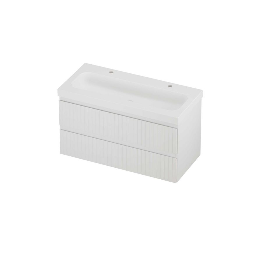 Haga Set polystone Mezza wastafel met 2 kraangaten en onderkast symmetrisch gefreesd 1000x460x580mm matt White/mat wit