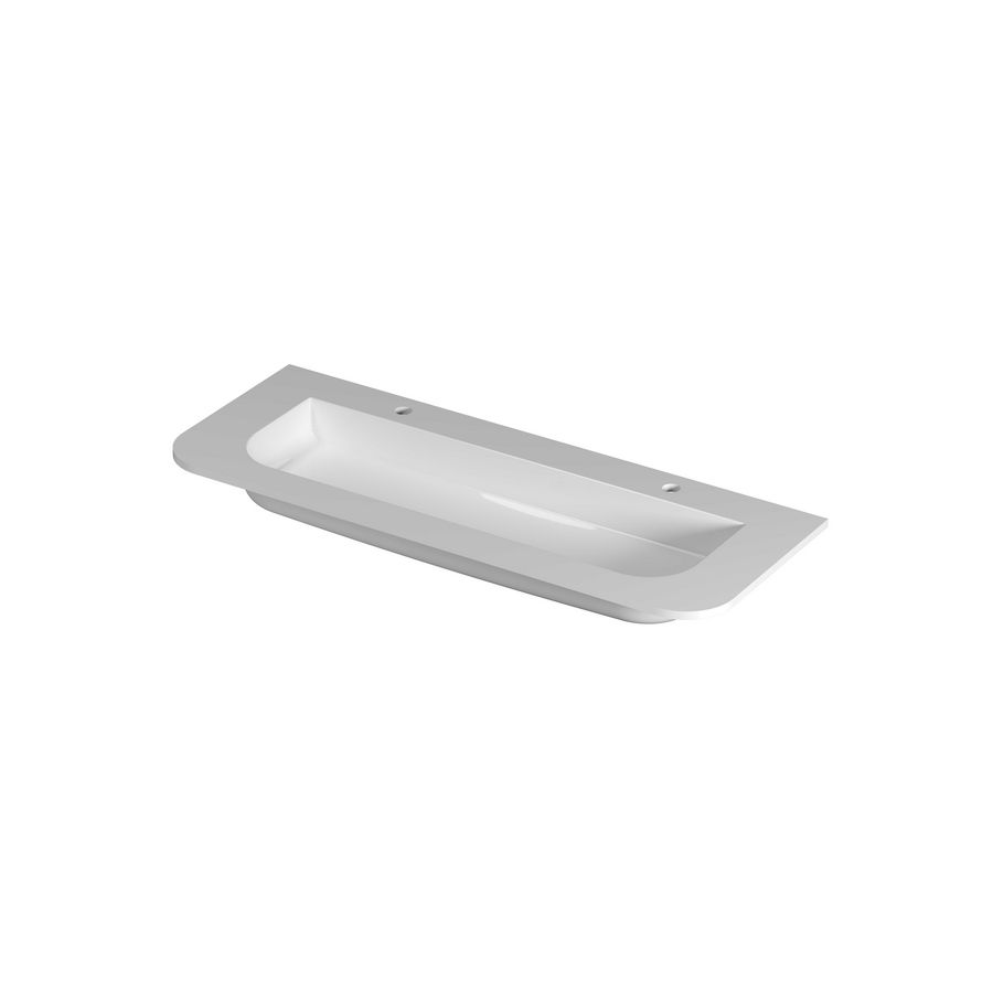 Wastafel porselein afgerond model met enkele wasbak centraal 2 kraangaten 120cm glans wit