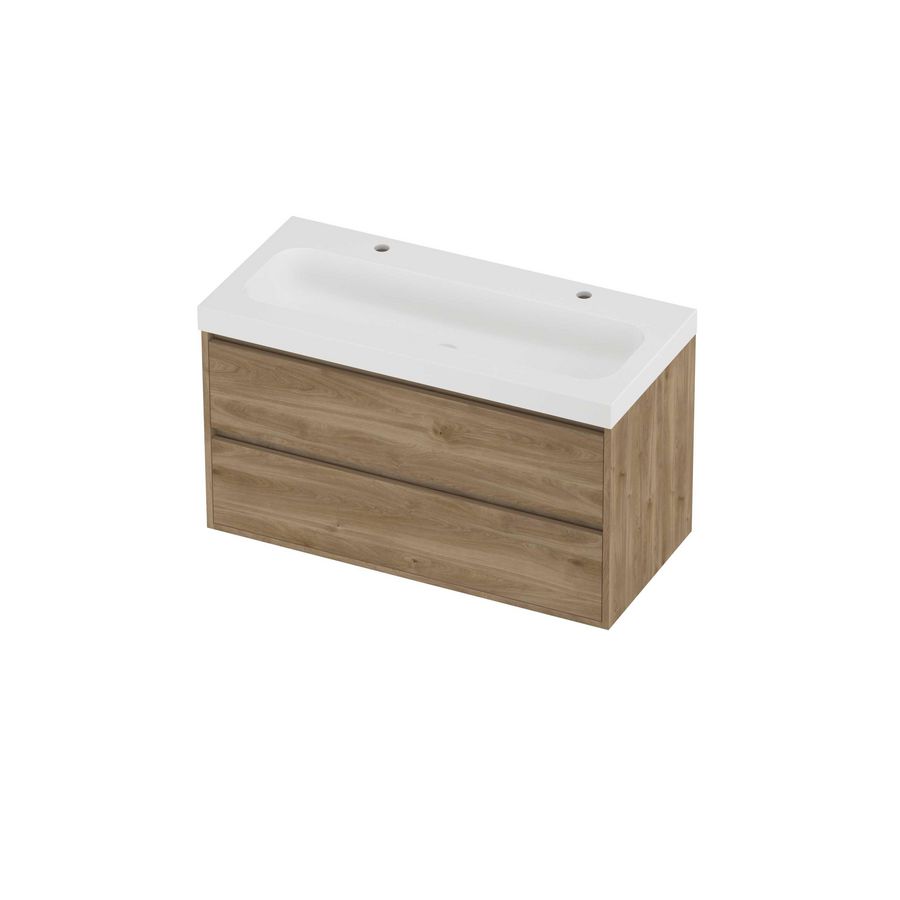 Haga Set polystone Mezza wastafel met 2 kraangaten en onderkast greeploos 2 laden symmetrisch in kader 1000x460x580mm matt White/Cider oak