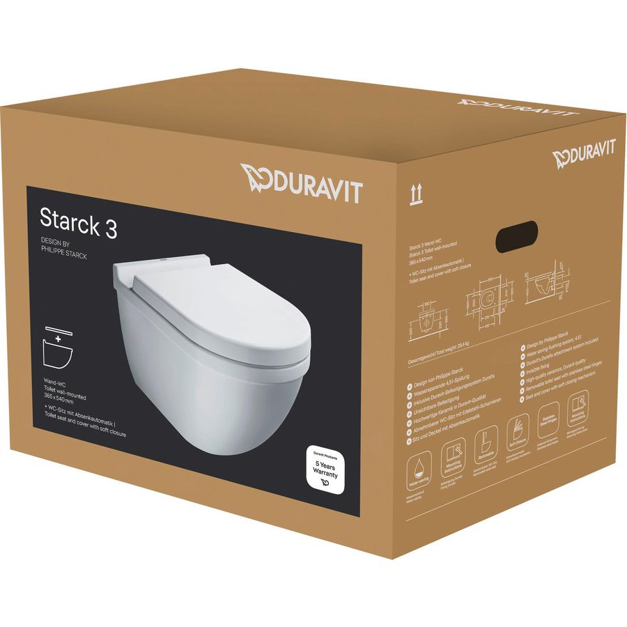 Wandcloset #222509 combipack Starck3 54cm Durafix wit incl. afneembare softclose zitting rvs scharnier