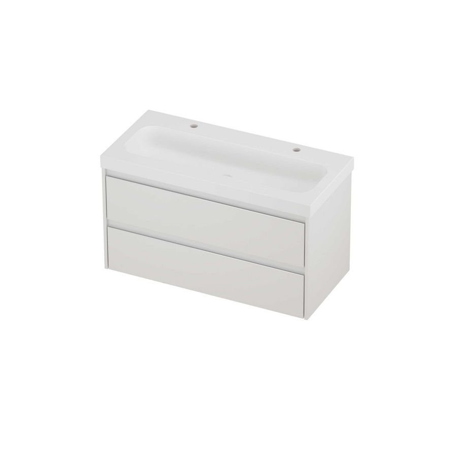 Haga Set polystone Mezza wastafel met 2 kraangaten en onderkast symmetrisch 1000x460x580mm matt White/glans wit