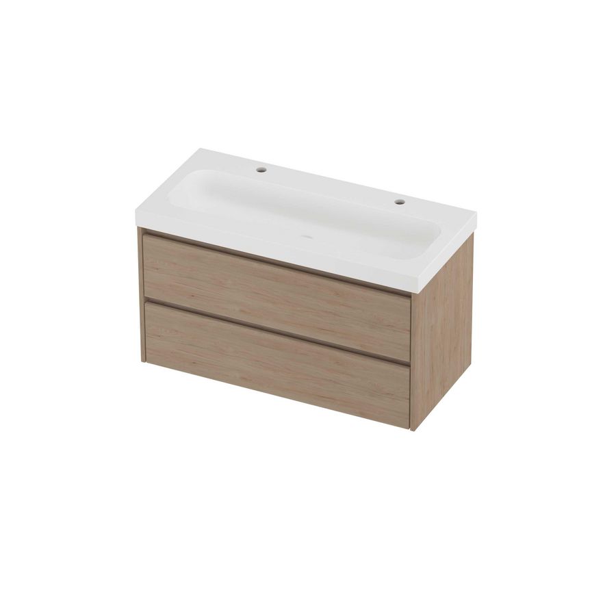 Haga Set polystone Mezza wastafel met 2 kraangaten en onderkast symmetrisch 1000x460x580mm matt White/Ideal oak