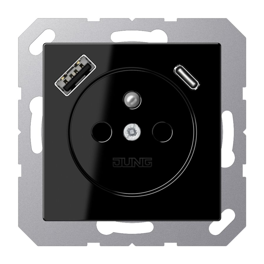 Wandcontactdoos +lader zwart penaarde+USB-A+C
