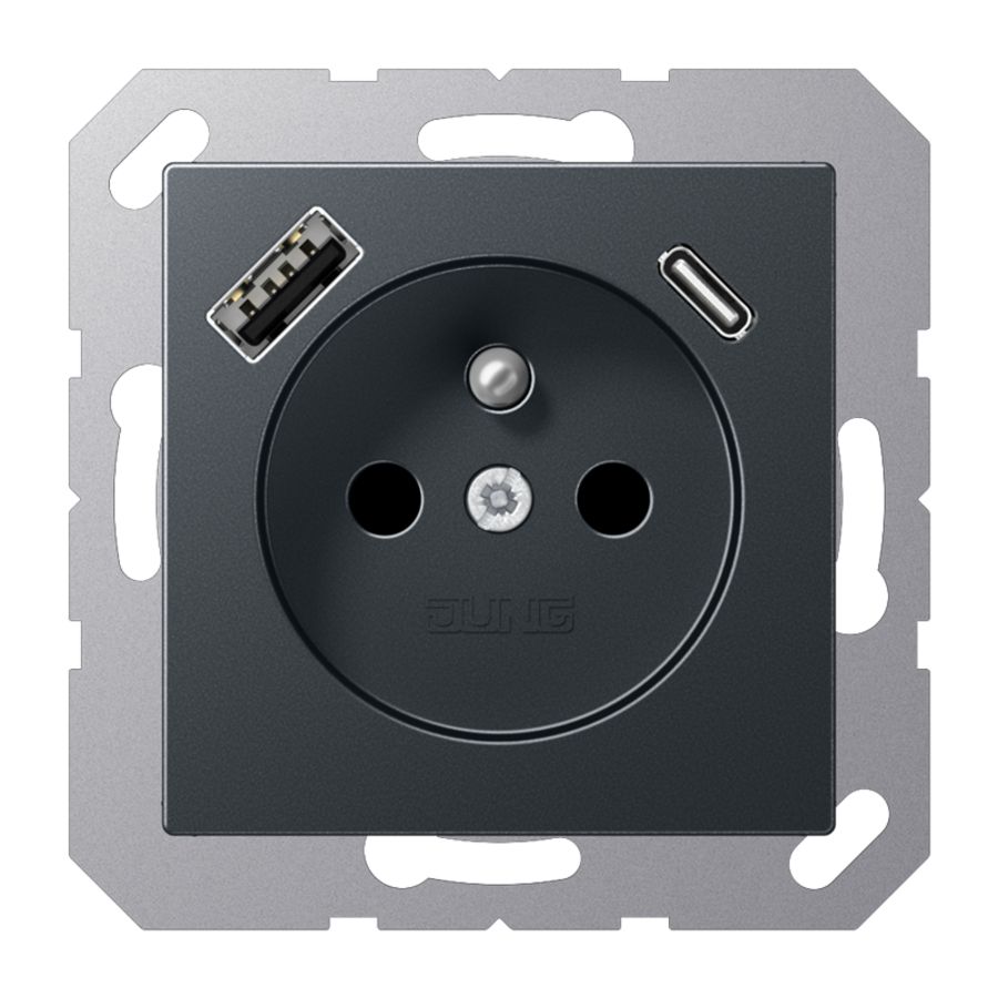 Wandcontactdoos +lader antraciet mat penaarde+USB-A+C