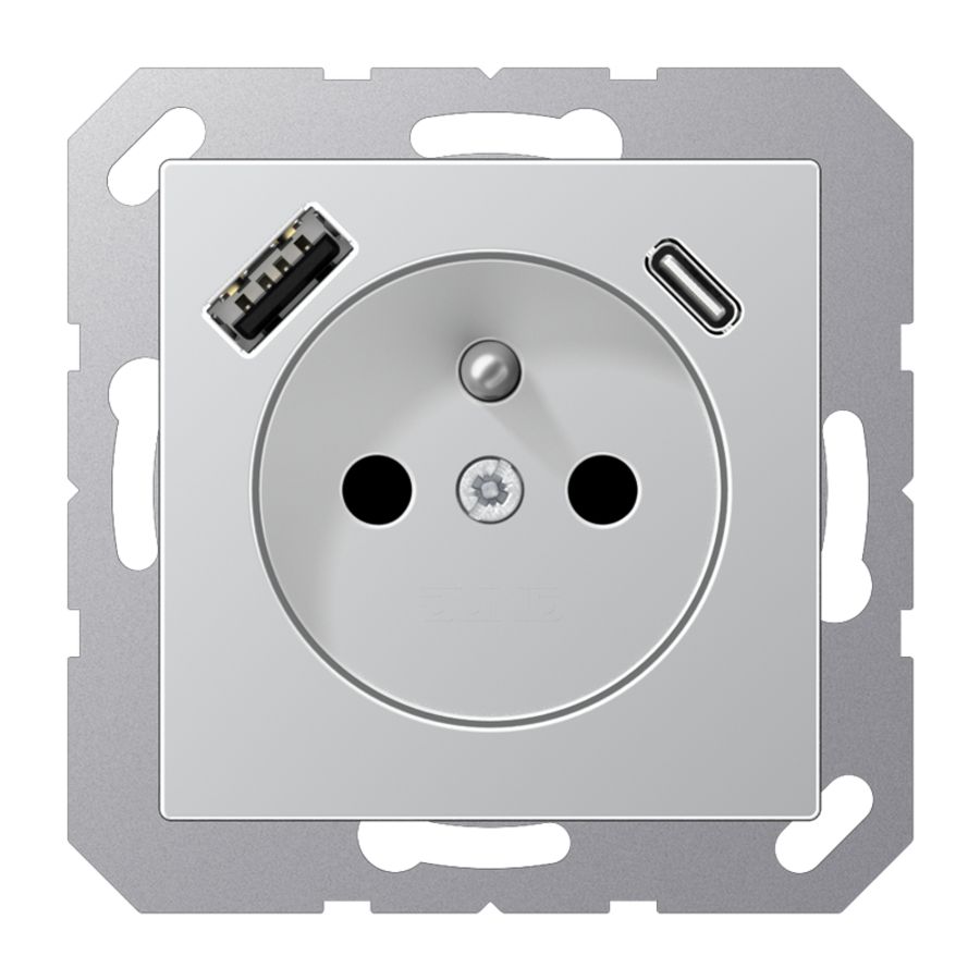 Wandcontactdoos +lader alu penaarde+USB-A+C