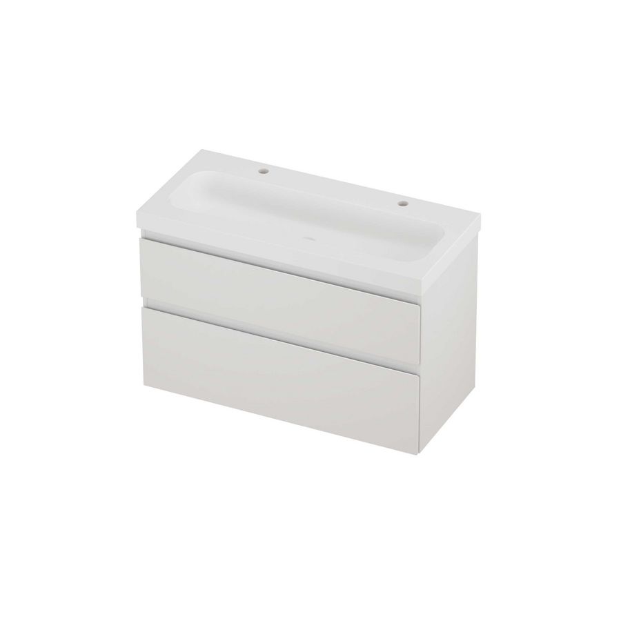 Haga Set polystone Mezza wastafel met 2 kraangaten en onderkast a-symmetrisch 1000x460x660mm matt White/glans wit