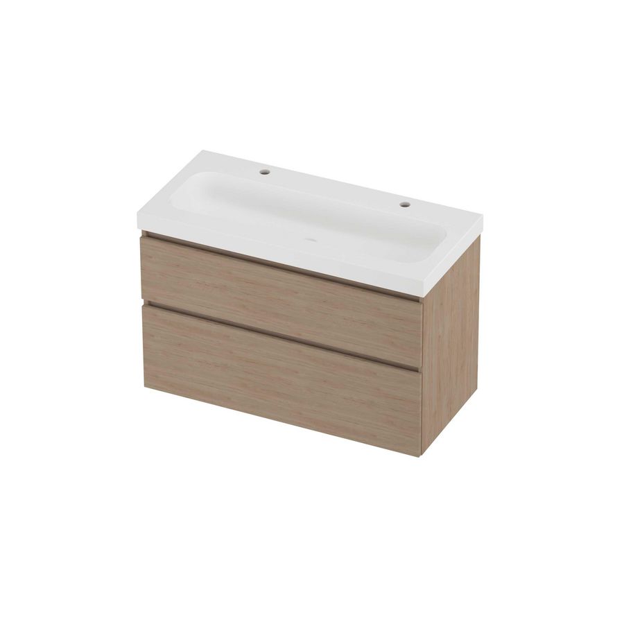 Haga Set polystone Mezza wastafel met 2 kraangaten en onderkast a-symmetrisch 1000x460x660mm matt White/Ideal oak