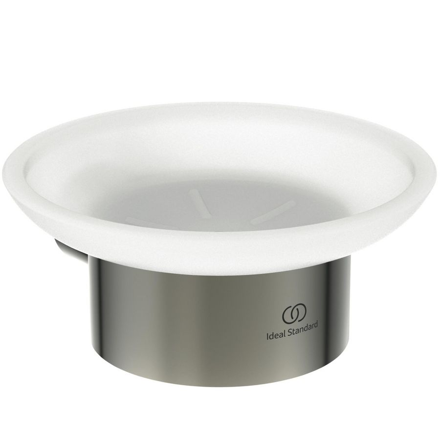 zeepschaal rond van gesatineerd glas m houder silver storm (rvs look) T