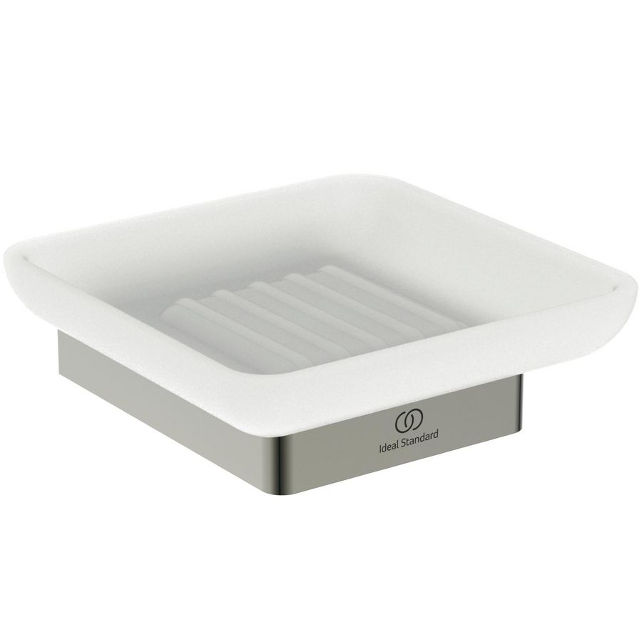 zeepschaal rechthoekig van gesat. glas m houdsilver storm (rvs look) T4