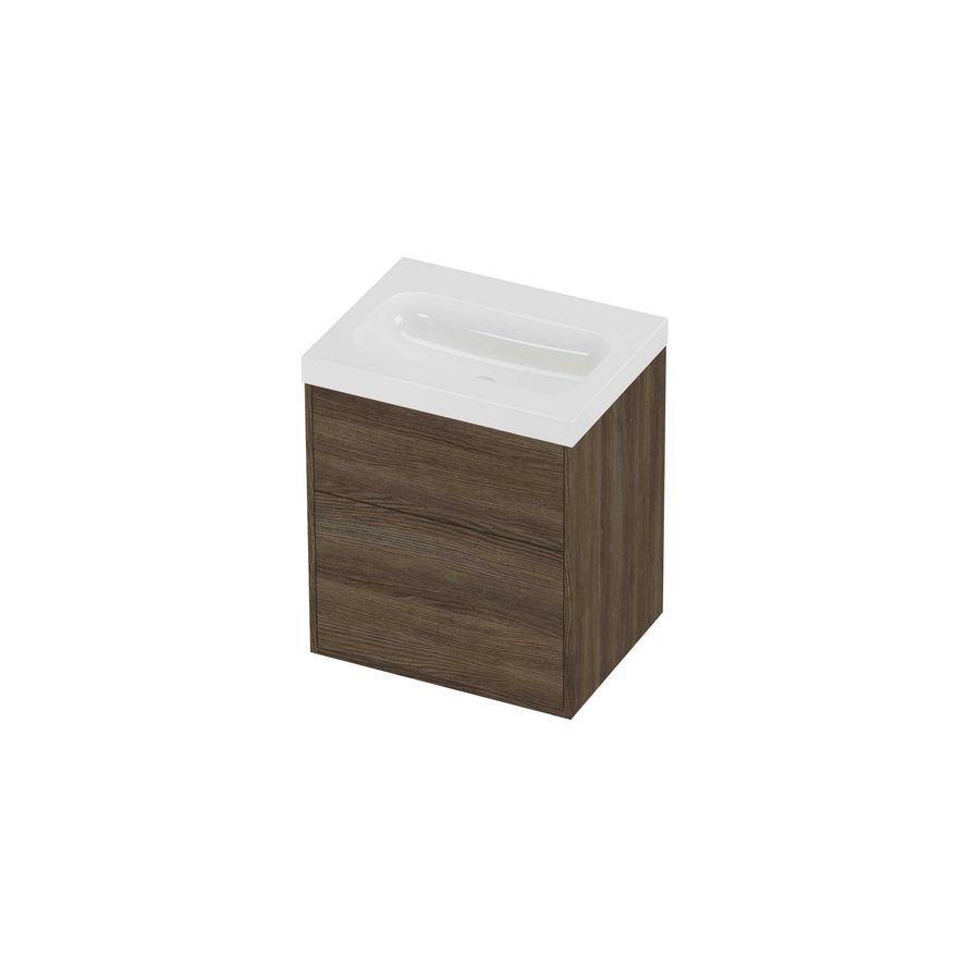 Haga Set polystone Mezza wastafel zonder kraangat en onderkast tbv grepen 2 laden a-symmetrisch in kader 600x460x730mm glans wit/Vital oak