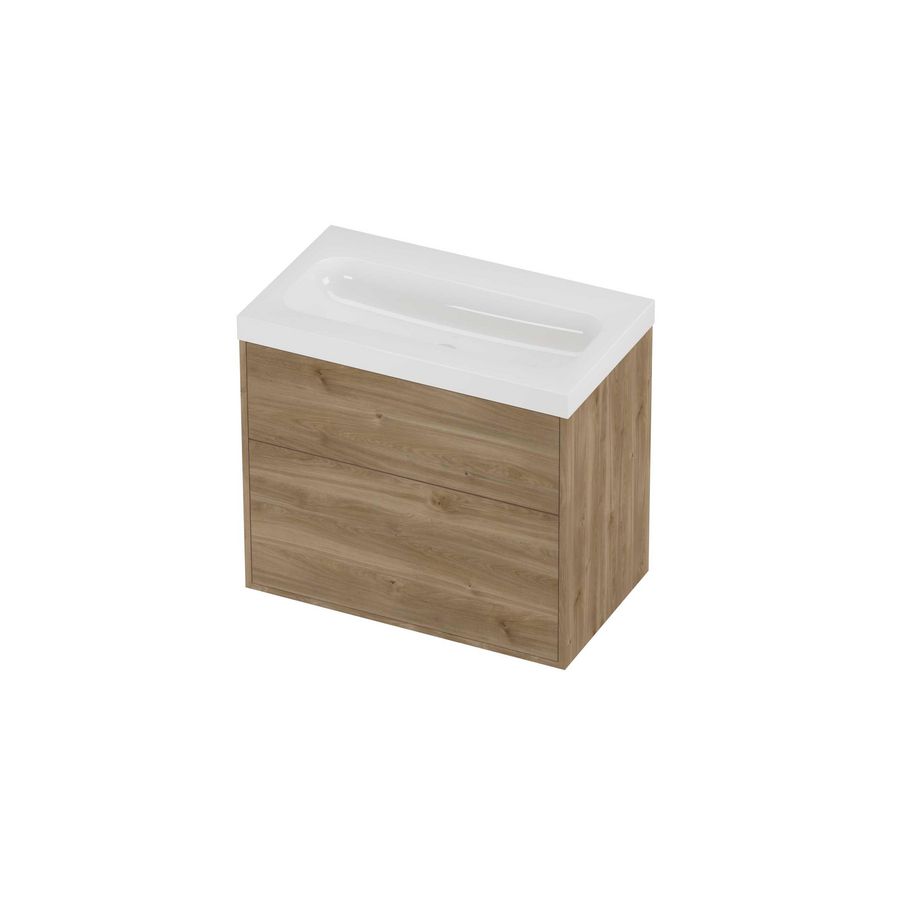 Haga Set polystone Mezza wastafel zonder kraangat en onderkast tbv grepen 2 laden a-symmetrisch in kader 800x460x730mm glans wit/Cider oak