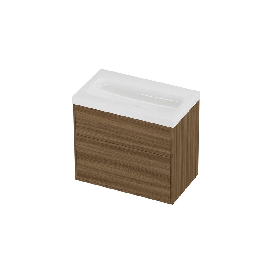 Haga Set polystone Mezza wastafel zonder kraangat en onderkast tbv grepen 2 laden a-symmetrisch in kader 800x460x730mm glans wit/Caramel walnut