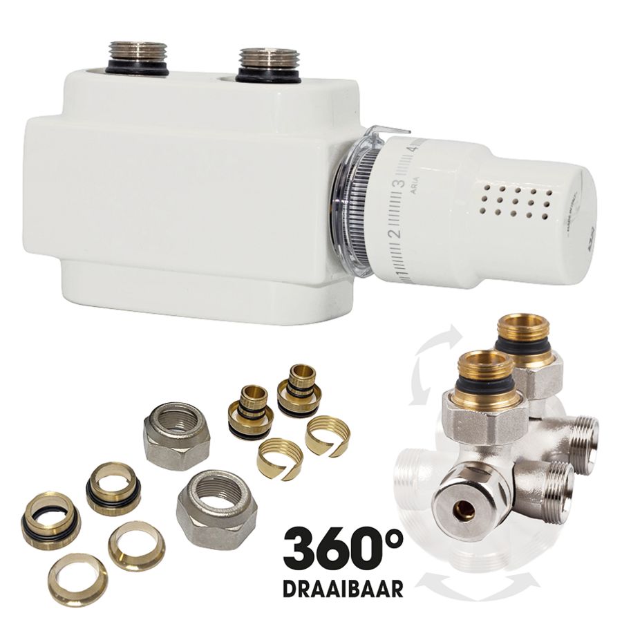 H-onderblok kit FREESTYLE 50mm (haaks/recht 360° draaibaar) +thermostaatkop M30 wit + koppelingen 16x2mm + CV/CU 15mm