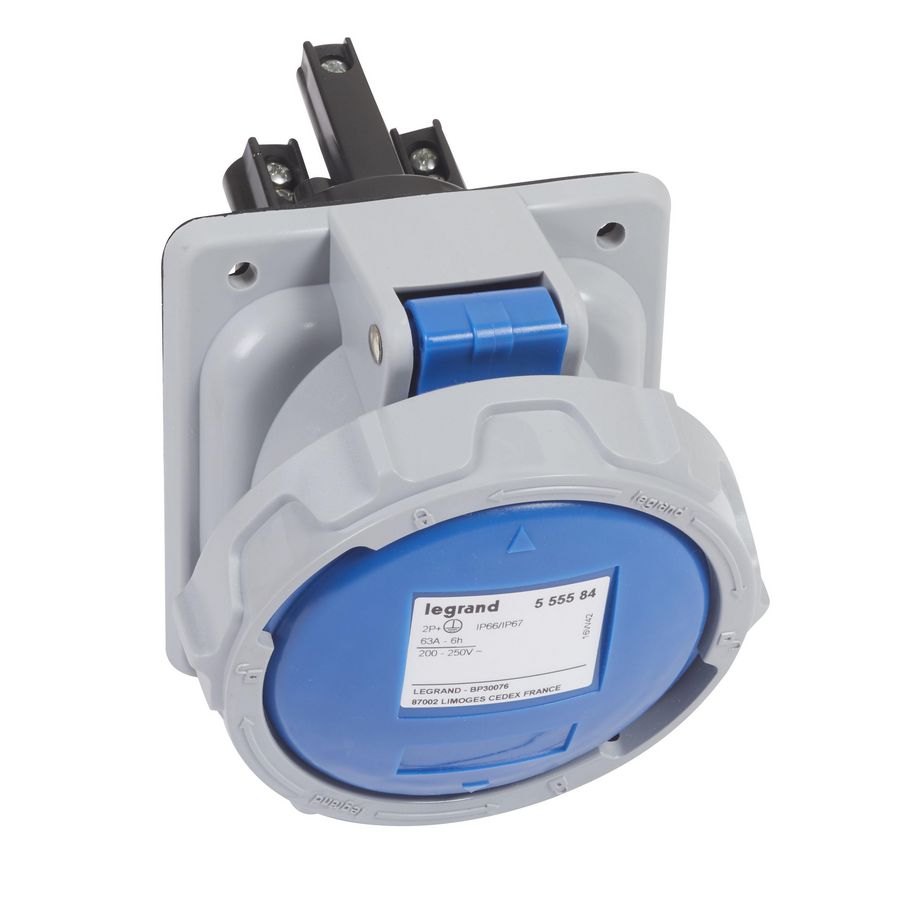 Inbouw Wandcontactdoos 230V 63A 2P+A IP67 kunstst. blauw P17