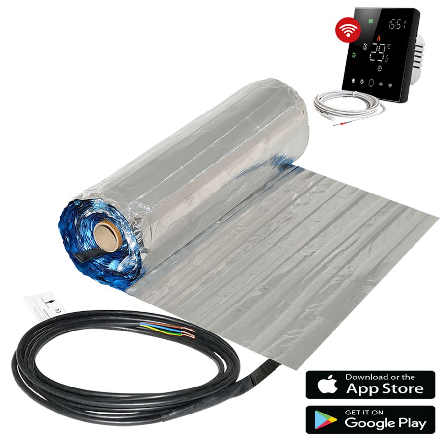 Elektrische vloerverwarming folie-uitvoering 10m² 1200W (120w/m²) incl. wifi thermostaat Zwart