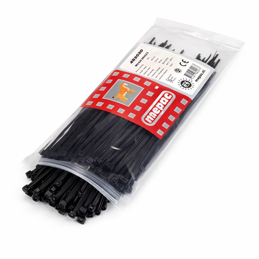 Zak a 100st. trekbandjes versterkt met stalen lip 360X4,5mm zwart