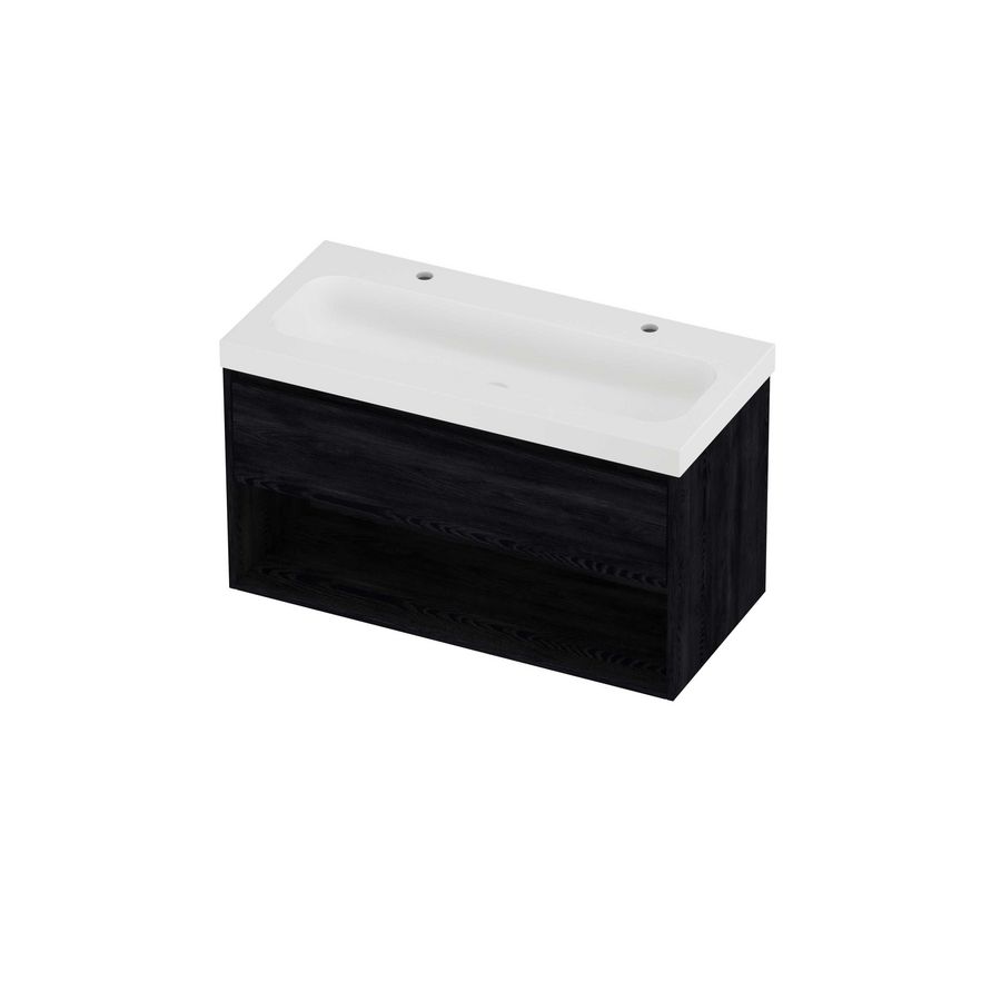 Haga Set polystone Mezza wastafel met 2 kraangaten en onderkast met schap 1000x460x580mm matt White/Black oak