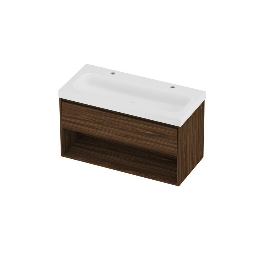 Haga Set polystone Mezza wastafel met 2 kraangaten en onderkast met schap 1000x460x580mm matt White/Cabana oak