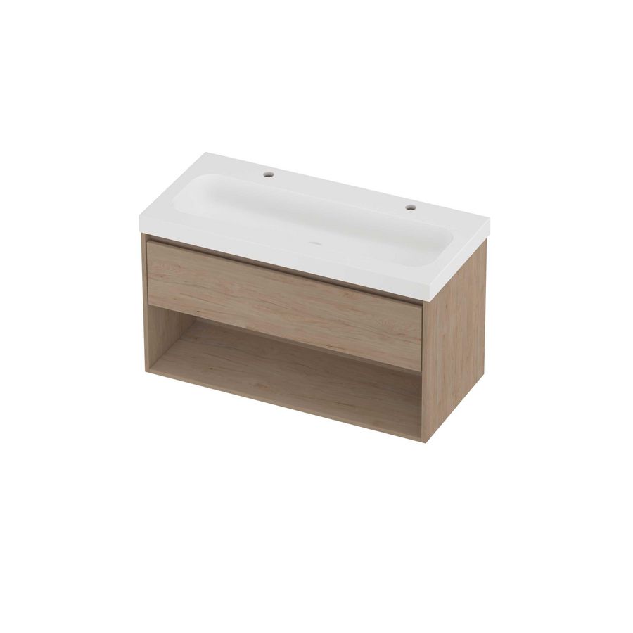 Haga Set polystone Mezza wastafel met 2 kraangaten en onderkast met schap 1000x460x580mm matt White/Ideal oak