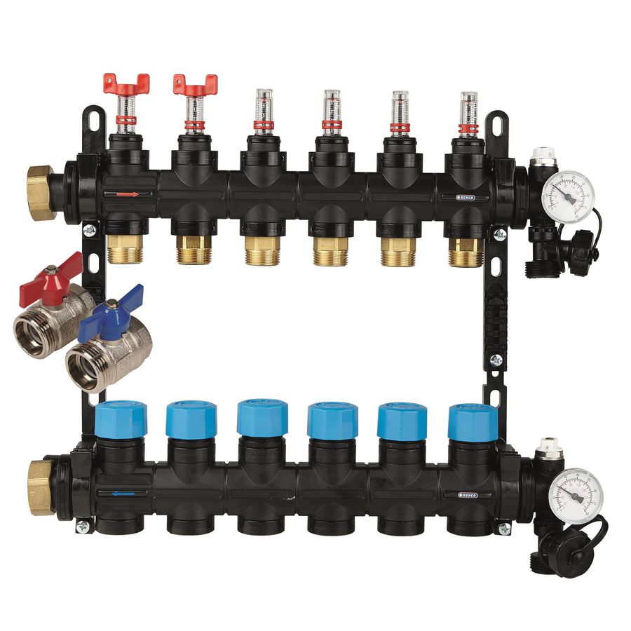 Vloerverwarmingsverdeler composiet UFH  4-groeps incl. debietmeters + kogelkraanset 1"