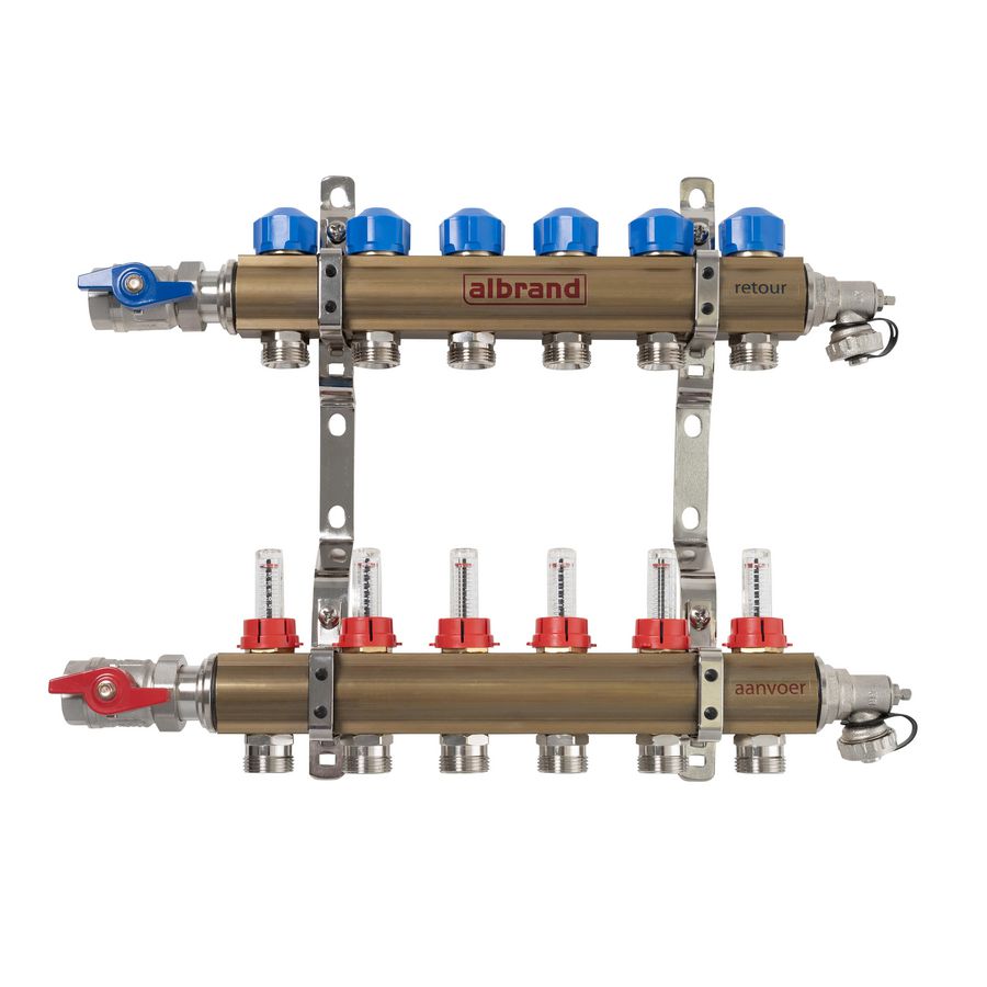 PROMO Verdeler messing 15-groeps pomploos aansluiting 1"bn. incl. flowmeters (54.015)