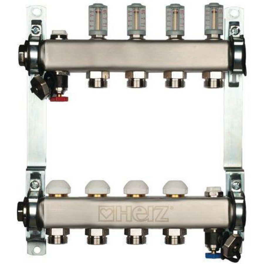 Leidingverdeler RVS  10-groeps 8633 incl. thermostaatventielen in retour + Flowmeters 6l/min.