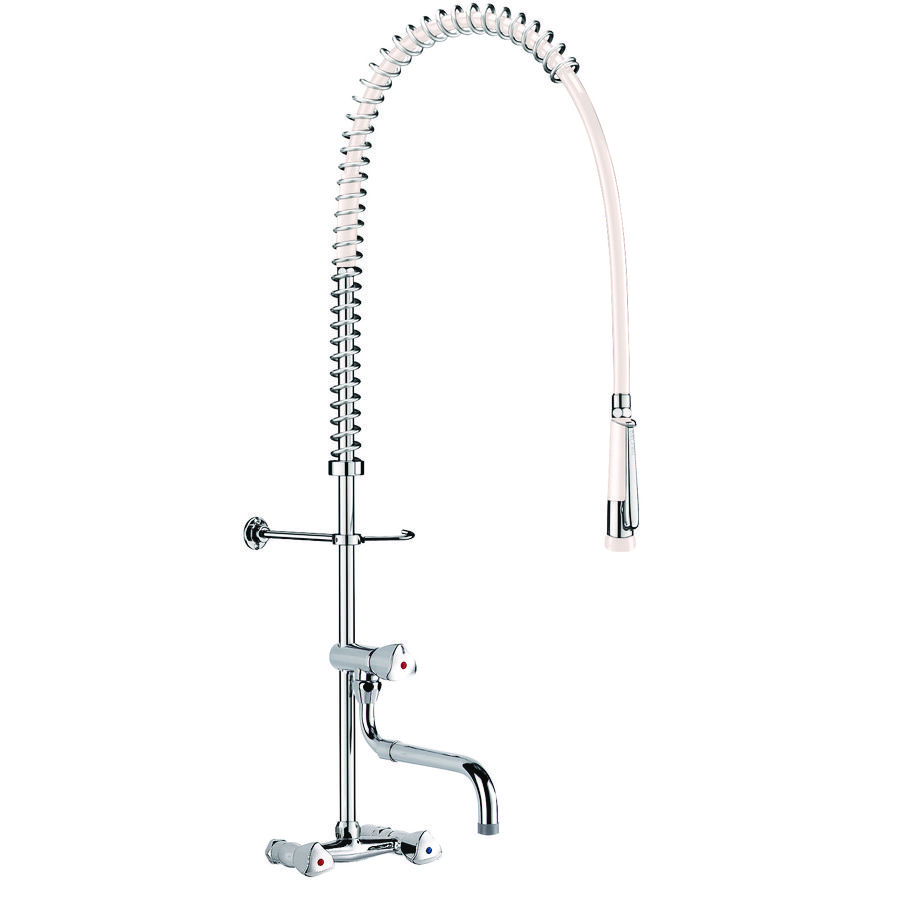 Grootkeukenkraan / voorspoeldouche m. wandmengkraan 2-greeps + tapkraan chroom