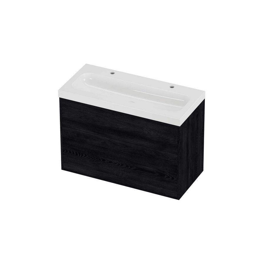 Haga Set polystone Mezza wastafel met 2 kraangaten en onderkast tbv grepen 2 laden a-symmetrisch in kader 1000x460x730mm glans wit/Black oak