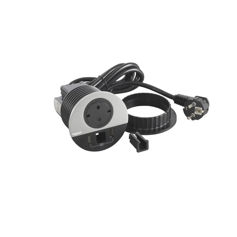 Wandcontactdoos ALU+ USB + kabeldoorvoer+snoer L0,5m. Disq80