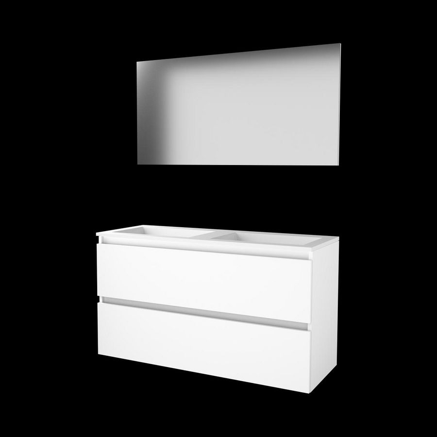 Set BASIC-46 onderkast 120cm Ice White greeploos 2x la acryl wastafel z/ krg. spiegel op plaat (B46GL1202A0IW)