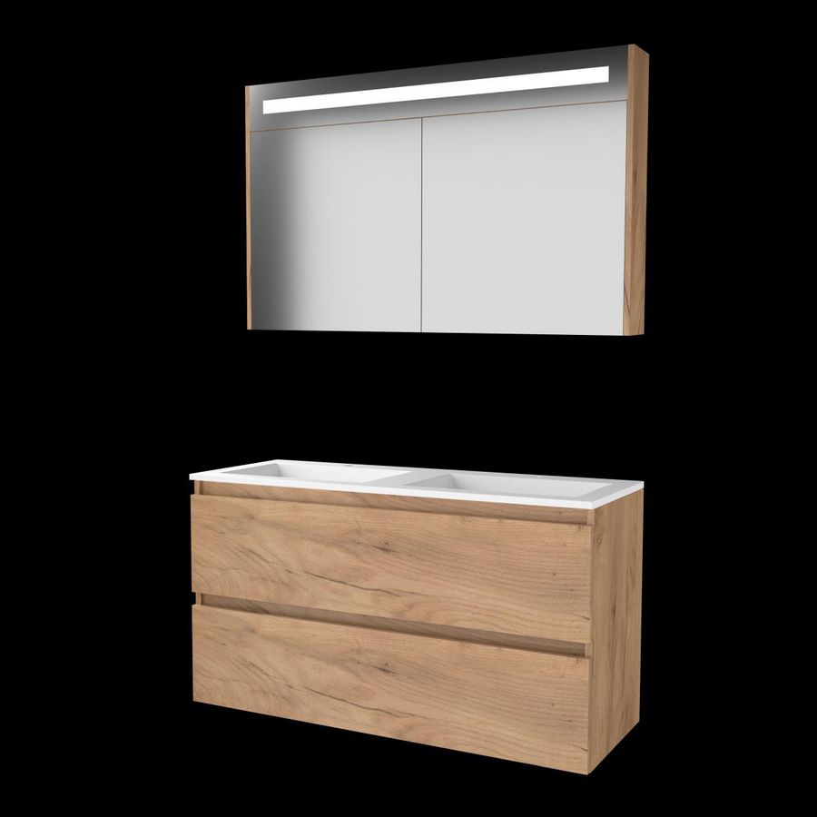 Set PREMIUM-46 onderkast whisky oak 120cm greeploos 2x la acryl wastafel 2x kraangat spiegelkast geïn. LED-verl. (P46GL1202A2WO)
